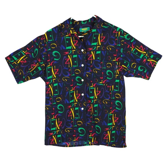 Kenzo Golf Men Button Up Shirt Open Front Black Japan Logo AOP Size 2 - Picture 1 of 11